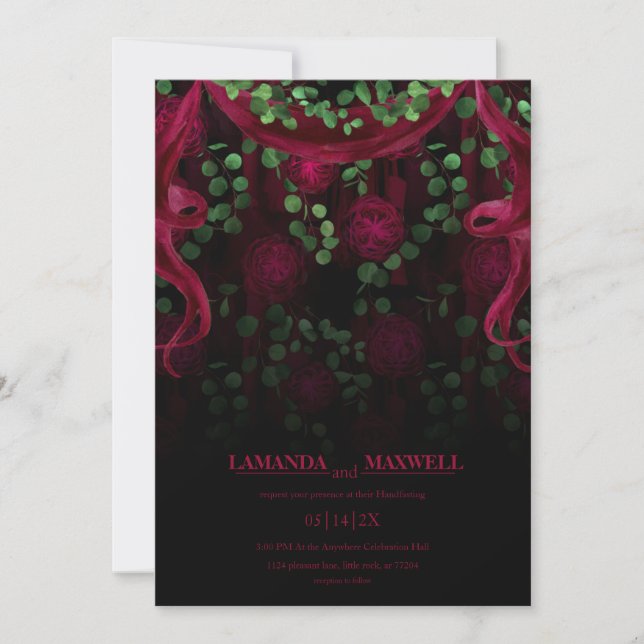 Floral Gothic Dark Fuchsia Wedding Handfasting Invitation (Front)