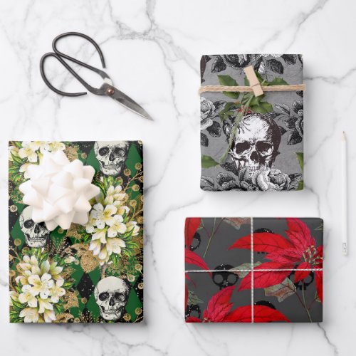 Floral Gothic Grunge Christmas Skull Pattern Wrapping Paper Sheets