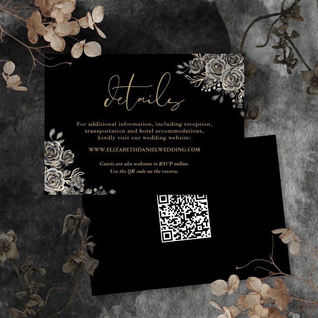 Floral Gothic QR Code Gold Wedding Details Enclosure Card (Floral Gothic QR Code Gold Wedding Details Enclosure Card)