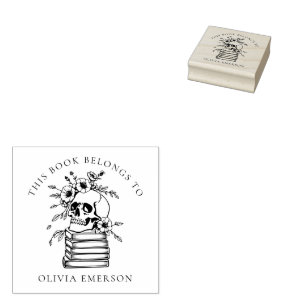 Floral Gothic Skull Personal Library Book Rubber Stamp