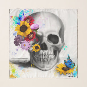 Floral gothic skull poppies and daisies scarf