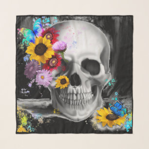 Floral gothic skull poppies butterflies sunflowers scarf