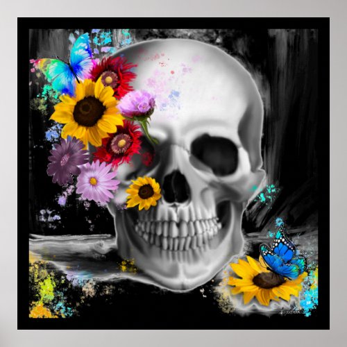 Floral gothic skull with paint splatters poster