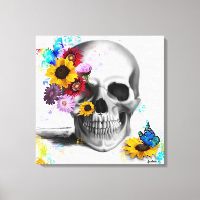 Floral gothic sugar skull flowers butterflies canvas print (Front)