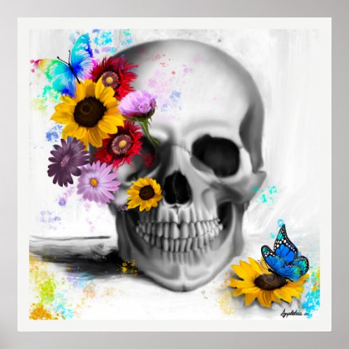 Floral gothic sugar skull flowers butterflies poster