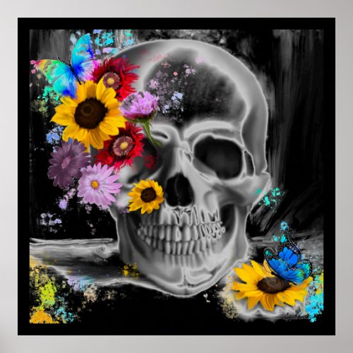 Floral gothic sugar skull flowers butterflies poster