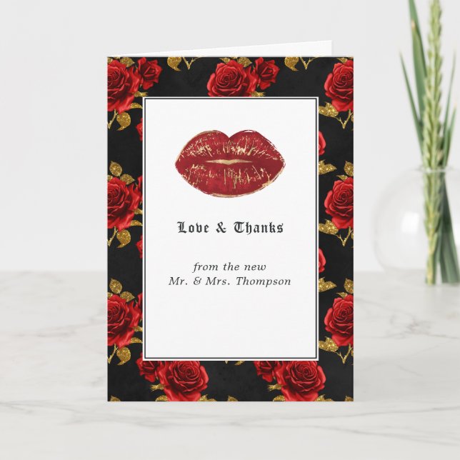 Floral Gothic Wedding Photo Thank You Card (Front)
