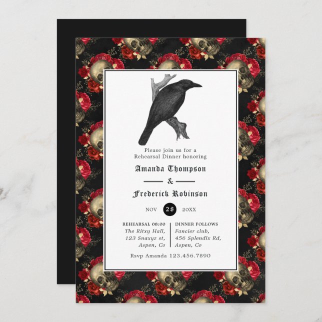 Floral Gothic Wedding Rehearsal Dinner Invitation (Front/Back)