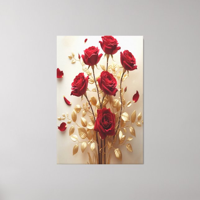 Floral Grace: Red Roses & Golden Leaves Design Canvas Print (Front)