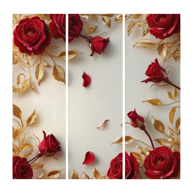 Floral Grace: Red Roses & Golden Leaves Design Triptych (Front)