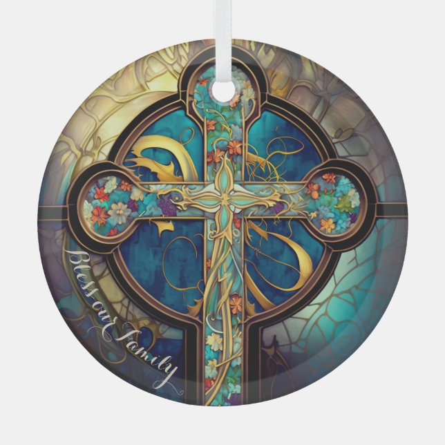 Floral Grace Stained Glass Religious Cross  Ornament (Front)