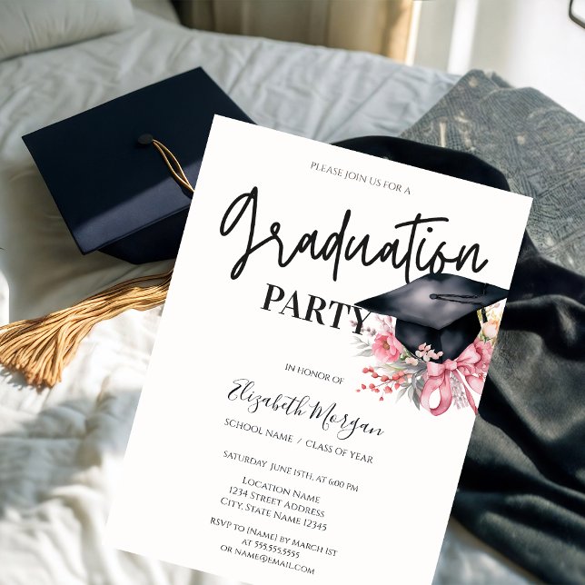Floral Grad Cap Bow Your Photo Graduation Invitation (Creator Uploaded)