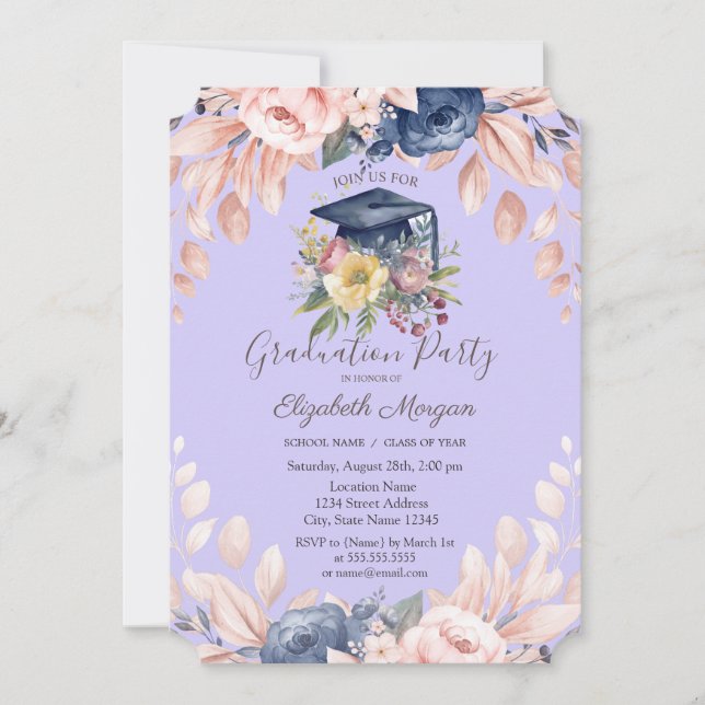 Floral Grad Cap,Flowers Light Purple Graduation  Invitation (Front)