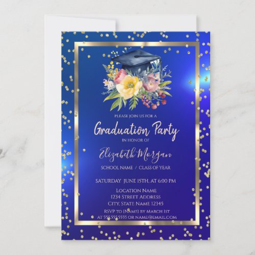 Floral Grad Cap Navy Blue Graduation Invitation
