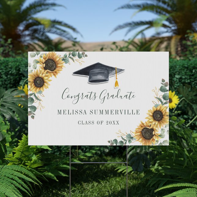 Floral Grad Eucalyptus Sunflower Script Graduation Sign (Creator Uploaded)
