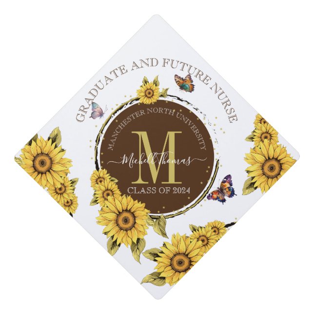 Floral Grad Future Nurse Sunflowers Monogram Graduation Cap Topper (Front)