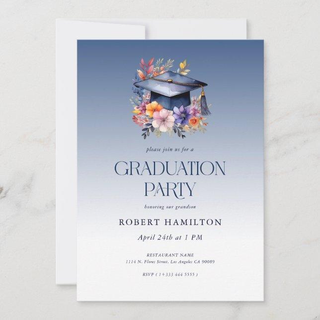 Floral Grad Hat Graduation Party Invitation (Front)