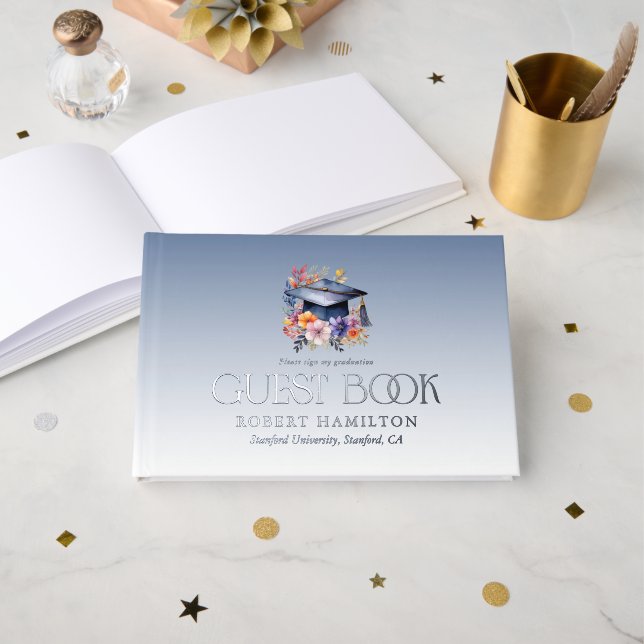 Floral Grad Hat Graduation Party Invitation Foil Guest Book (Front Open)