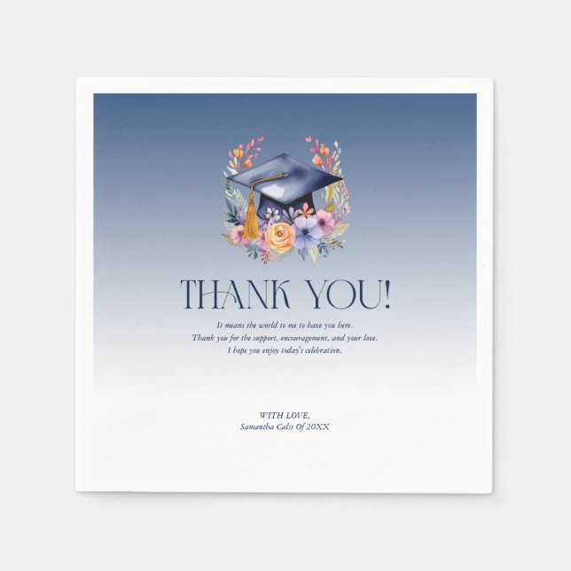 Floral Grad Hat Thank You Card Napkins (Front)