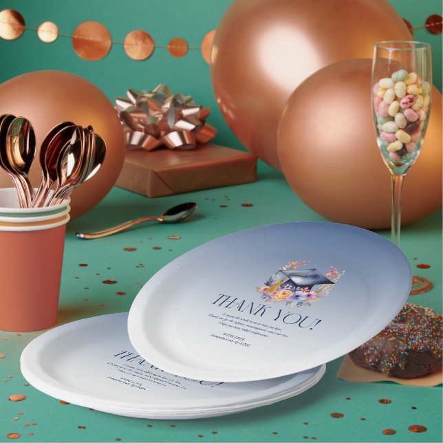Floral Grad Hat Thank You Card Paper Plates (Multi)