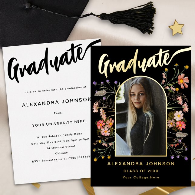 Floral Gradrate Photo Graduation Party Script Gold Foil Invitation (Boho floral arch graduate photo stylish gold foil calligraphy black graduation party invitation )