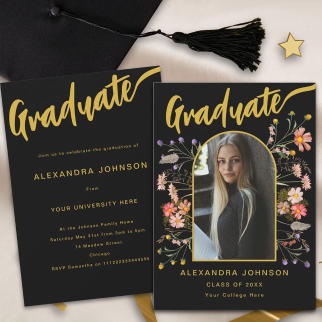 Floral Graduate Photo Gold Script Graduation Party Invitation (Boho floral stylish gold script graduate photo black graduation party invitation )