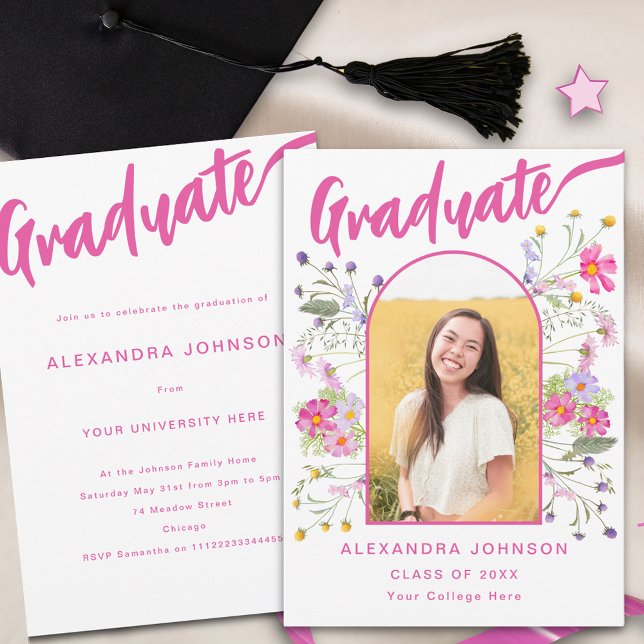 Floral Graduate Photo Pink Script Graduation Party Invitation (Wildflower boho arch graduate photo hot pink script Graduation party invitation watercolor florals)