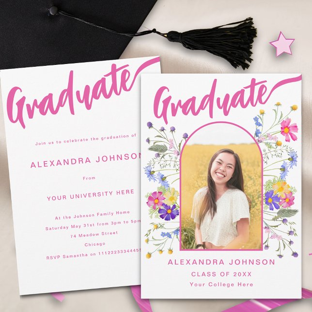 Floral Graduate Photo Pink Script Graduation Party Invitation (Boho floral graduate photo arch hot pink script graduation party invitation watercolor wildflowers )