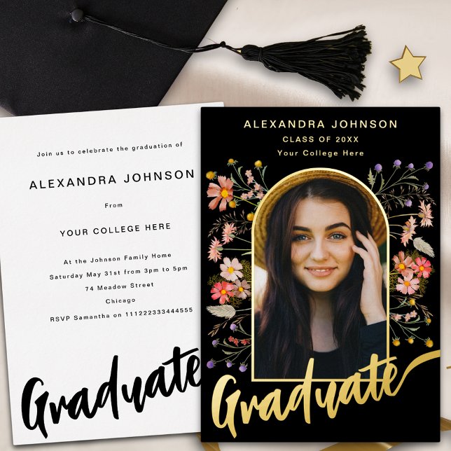 Floral Graduate Photo Script Graduation Party Gold Foil Invitation (Boho floral arch graduate photo black and gold foil script Graduation party invitation)