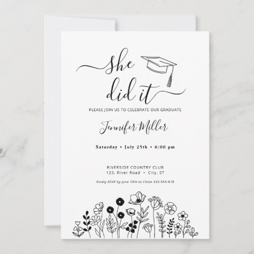 Floral graduation black and white holiday card