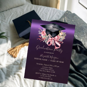 Floral Graduation Cap,Bow Purple Graduation  Invitation