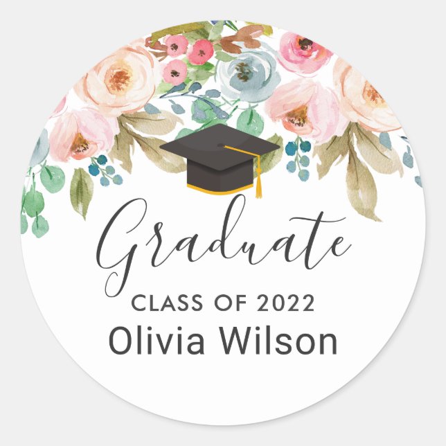 Floral Graduation Cap Party Favor Sticker (Front)