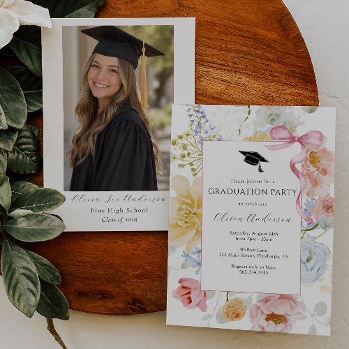 Floral Graduation Invitation with Photo | Pink Bow