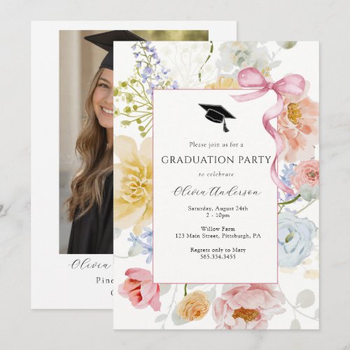 Floral Graduation Invitation with Photo | Pink Bow