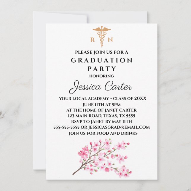 Floral Graduation Nurse Typography Cherry Blossom Invitation (Front)