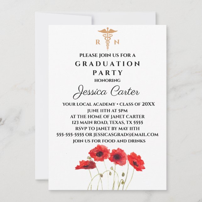 Floral Graduation Nurse Typography Poppies  Invitation (Front)