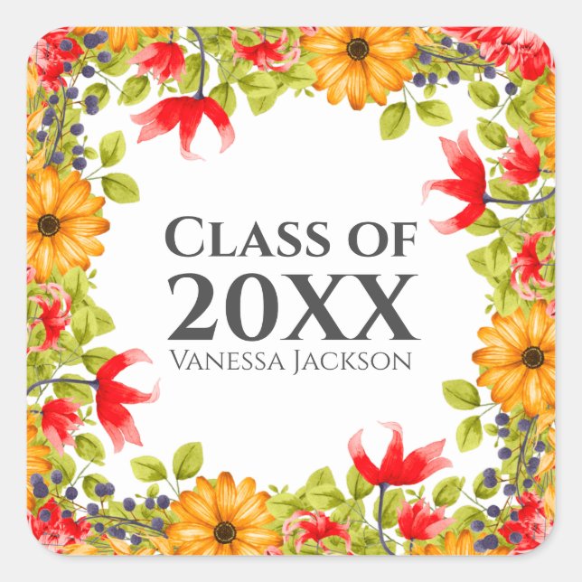 Floral Graduation Party Favor Square Sticker (Front)