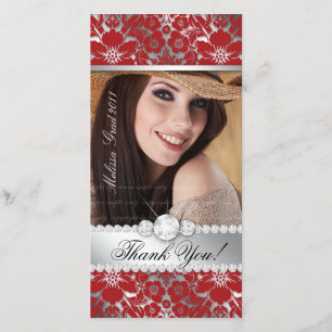 Floral Graduation Photo Card Silver Red Damask