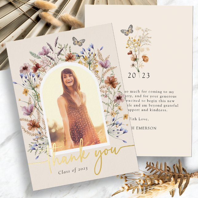 Floral Graduation Thank You Card (Boho Floral Foil Picture Graduation Thank You Card with Butterfly by Painted Paperie

)