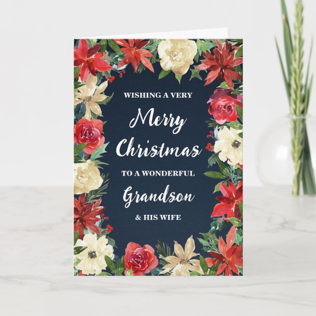 Floral Grandson and His Wife Merry Christmas Card (Front)