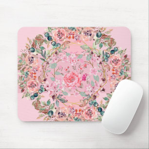 Floral Graphic Art, Pink Floral Wreath Mouse Pad