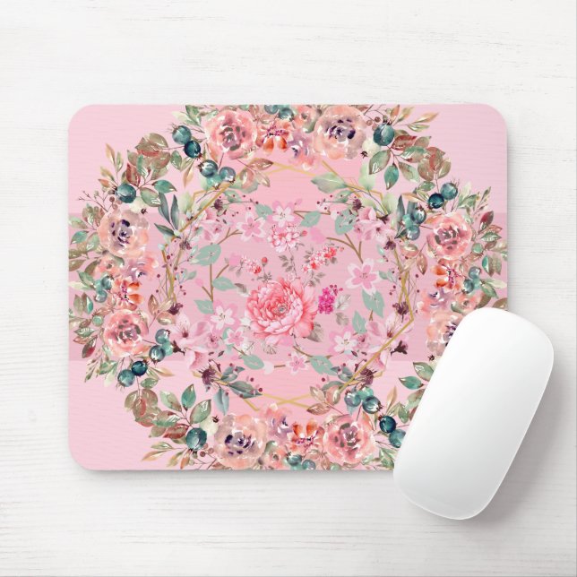 Floral Graphic Art, Pink Floral Wreath Mouse Pad (With Mouse)