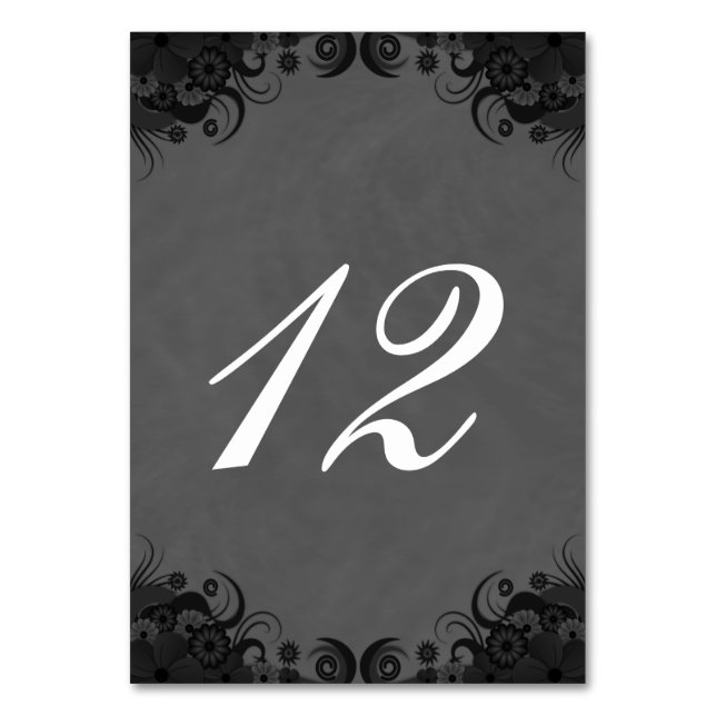 Floral Gray and Black Reception Table Number Cards (Front)