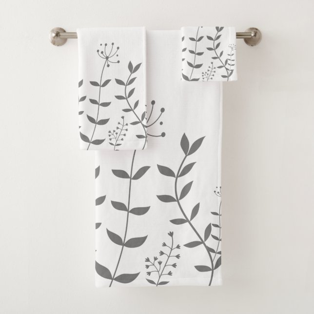 Floral Gray and White Modern Bath Towel Set (Insitu)