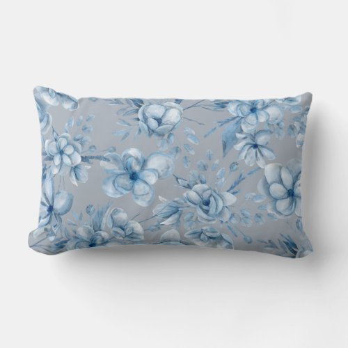 Floral gray blue watercolor pattern on grey lumbar pillow