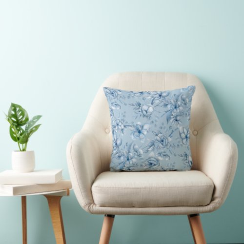 Floral gray blue watercolor pattern on light blue  throw pillow