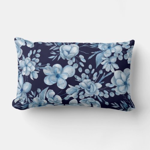 Floral gray blue watercolor pattern on navy blue lumbar pillow