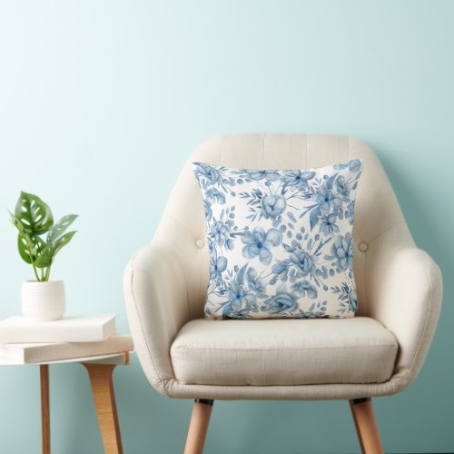 Floral gray blue watercolor pattern on white throw pillow