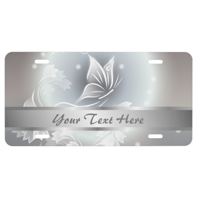 Floral Gray Butterfly Animal Add Name License Plate (Front)