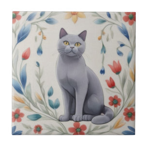 Floral Gray Cats - Grey Cat Colorful Folk Flowers Ceramic Tile